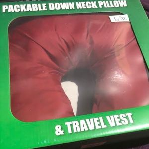 Red. Packable Down Neck Pillow. Travel Vest
